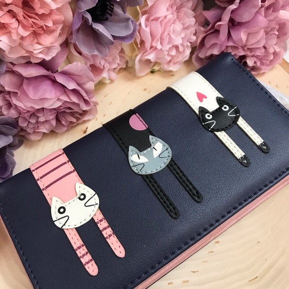Navy Blue Vegan Leather Cat Clutch Wallet - Picture 3 of 13